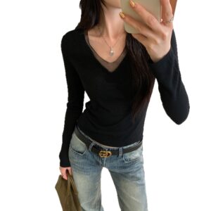 Mesh Spliced White V-Neck Slim Fit